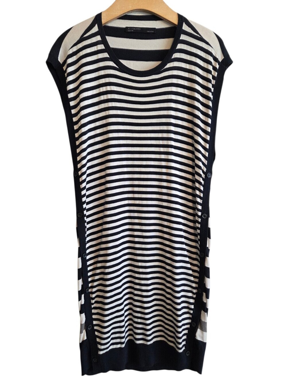 All Saints Alna Stripe Ink Knit Dress Sleeveless Crewneck Button Detail Sz M